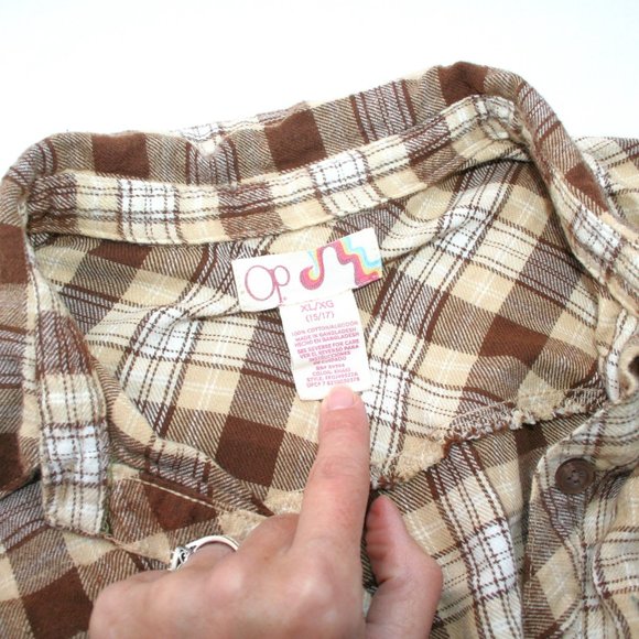 🍁CARAMEL PLAID BUTTON DOWN SHIRT SOFT FLANNEL LADIES JUNIORS XL TOP WAIST TIE - Picture 7 of 13